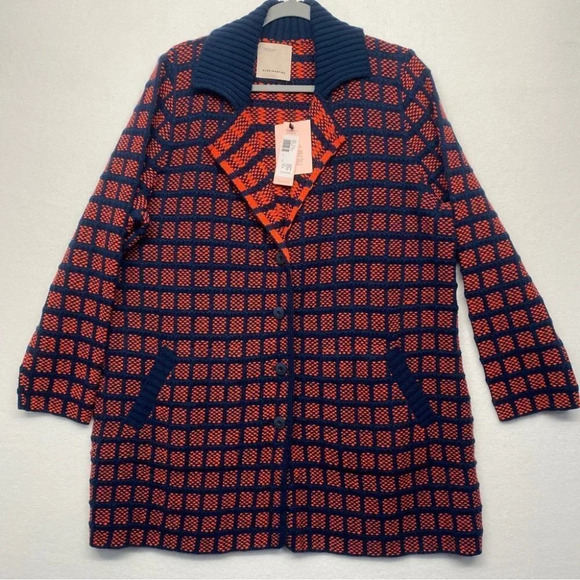 Aldomartins Collared Windowpane Check Knit Wool Blend Sweater Coat Red 14 Kanda - Picture 2 of 9